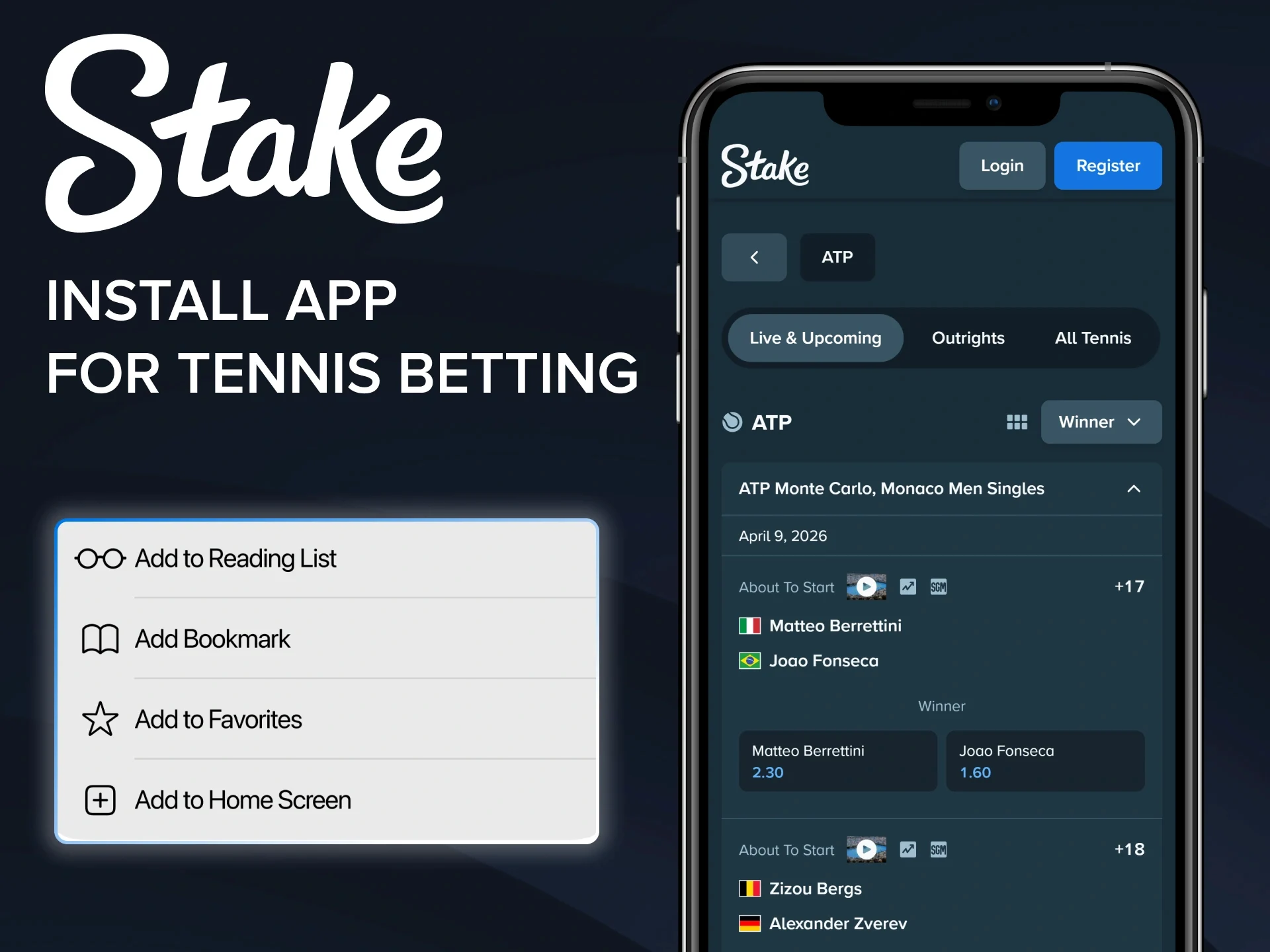 Get Stake PWA app and bet on tennis anytime anywhere.