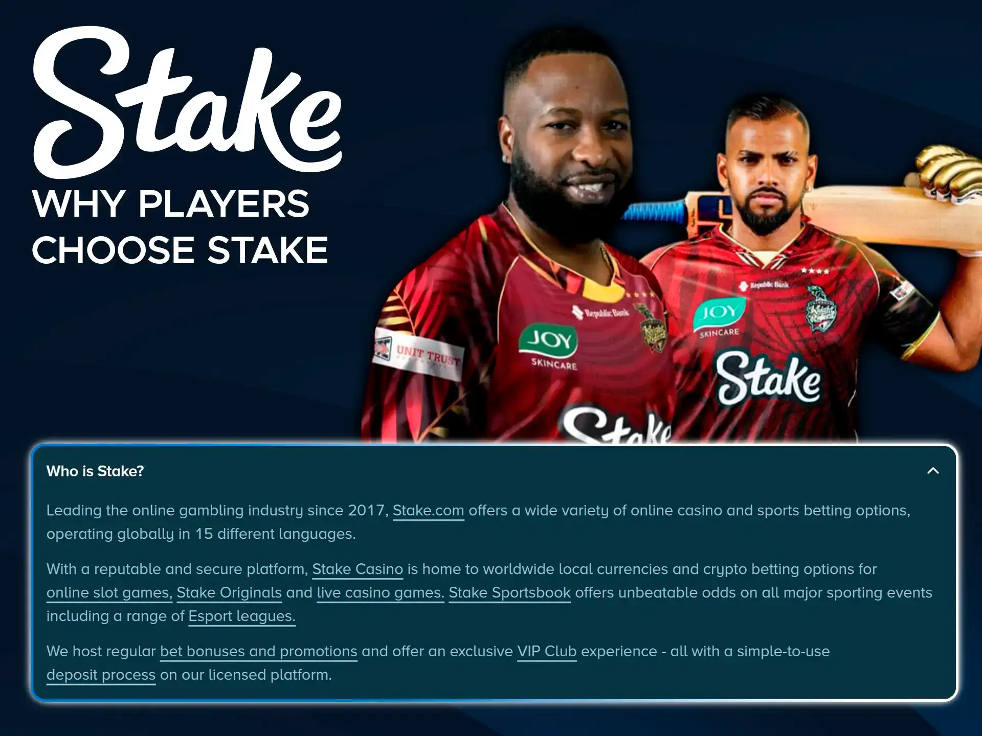 Choose the official Stake platform for the best cricket experience.