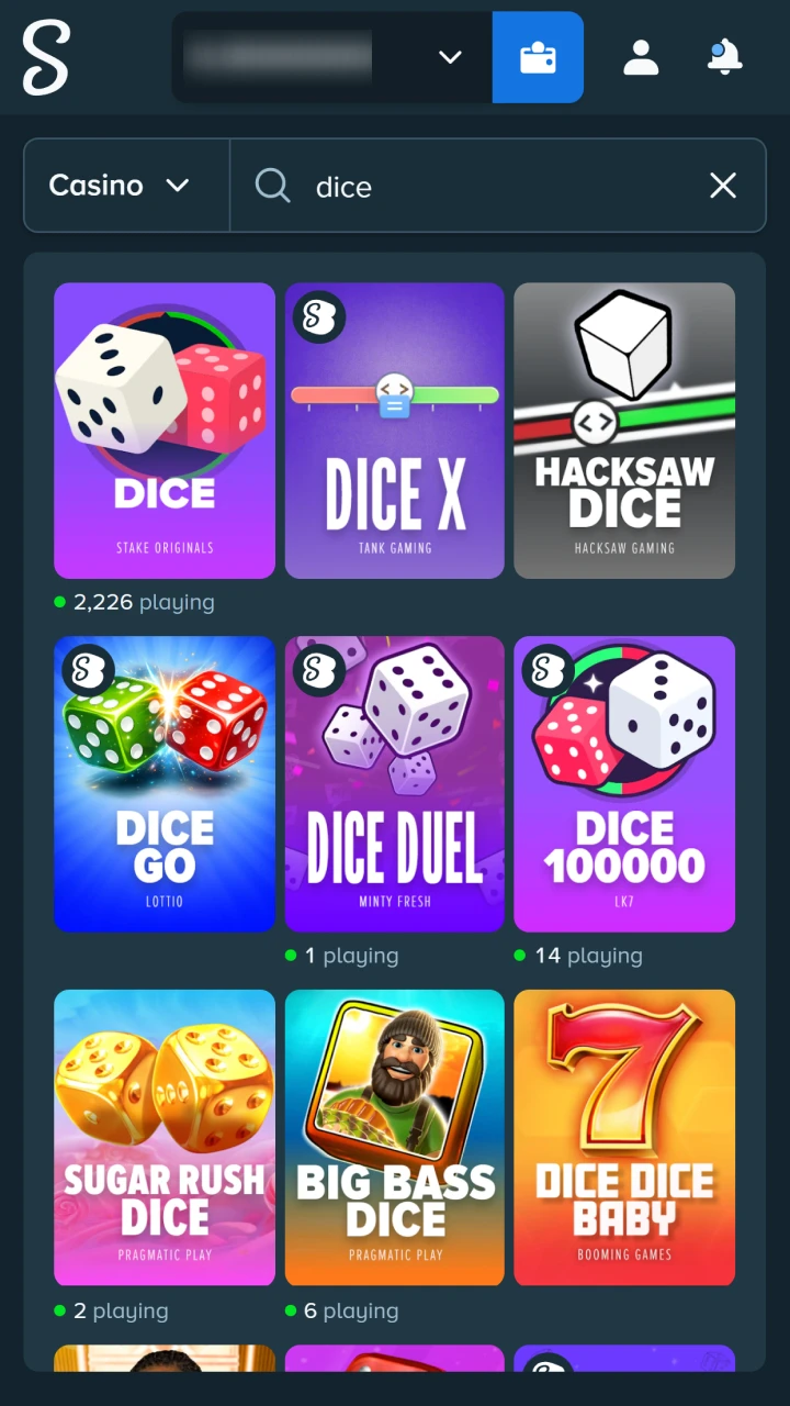 Select the thrilling Stake Dice option in the official casino lobby.