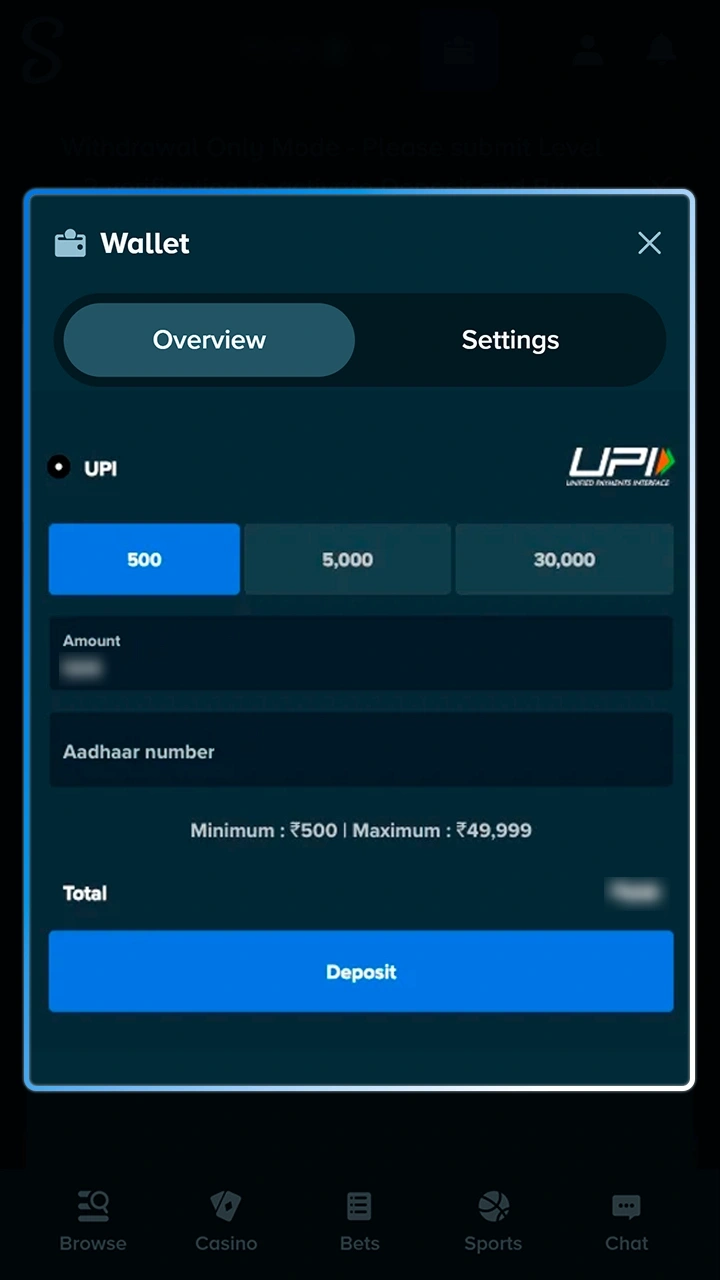 Top up your Stake balance to start betting on the Dice game.