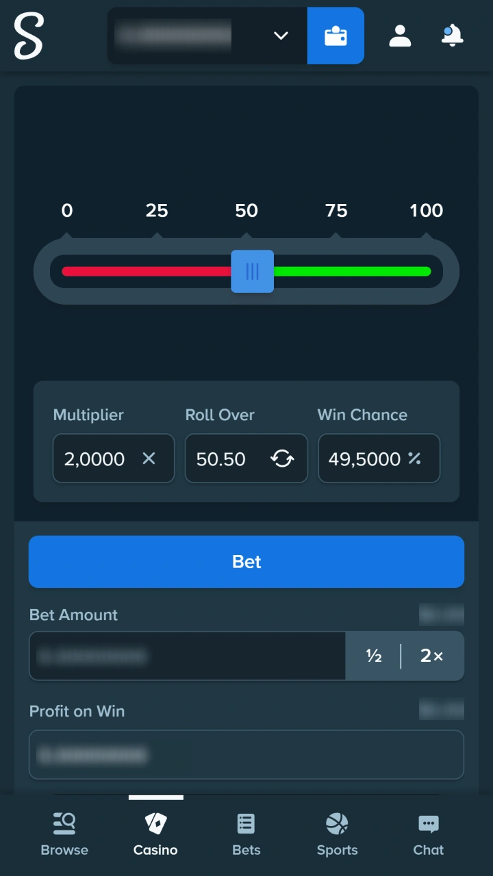 Enjoy the exciting Dice gameplay and place your first Stake wager.