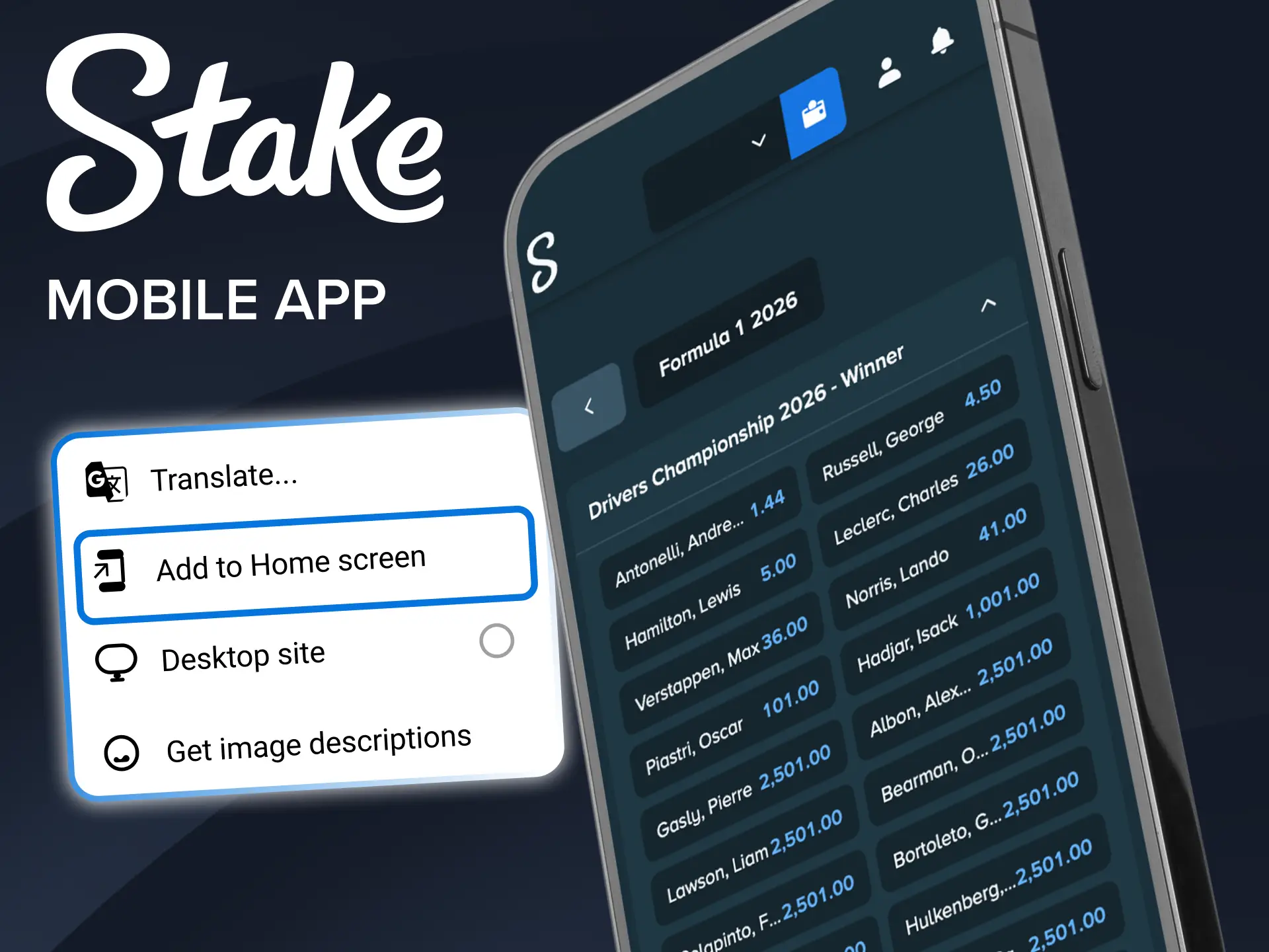 Download the Stake App and enjoy exciting Formula 1 racing betting.