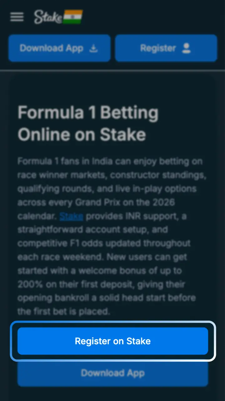 Sign up via this page to access Stake Formula 1 betting.