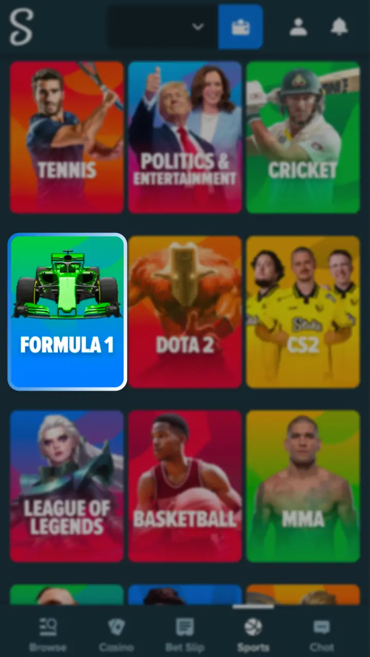Navigate to the sports section to find Stake Formula 1 odds.