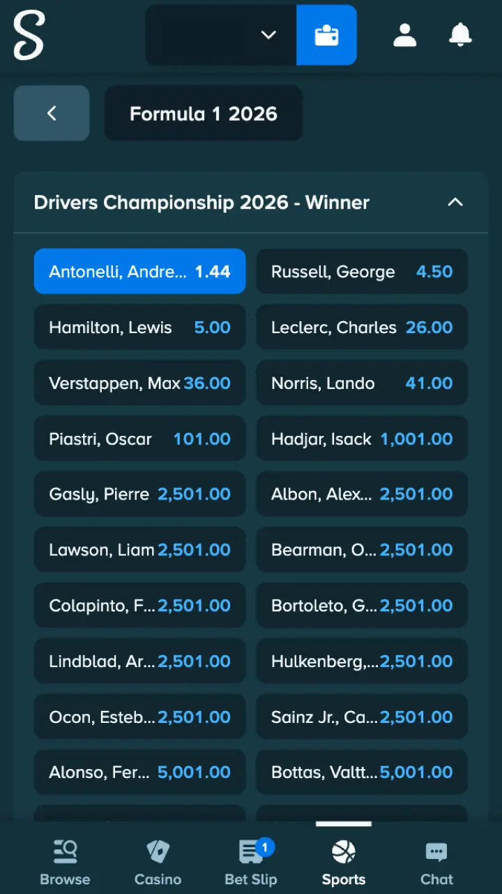 Select a market and place your bet on Stake Formula 1 races.