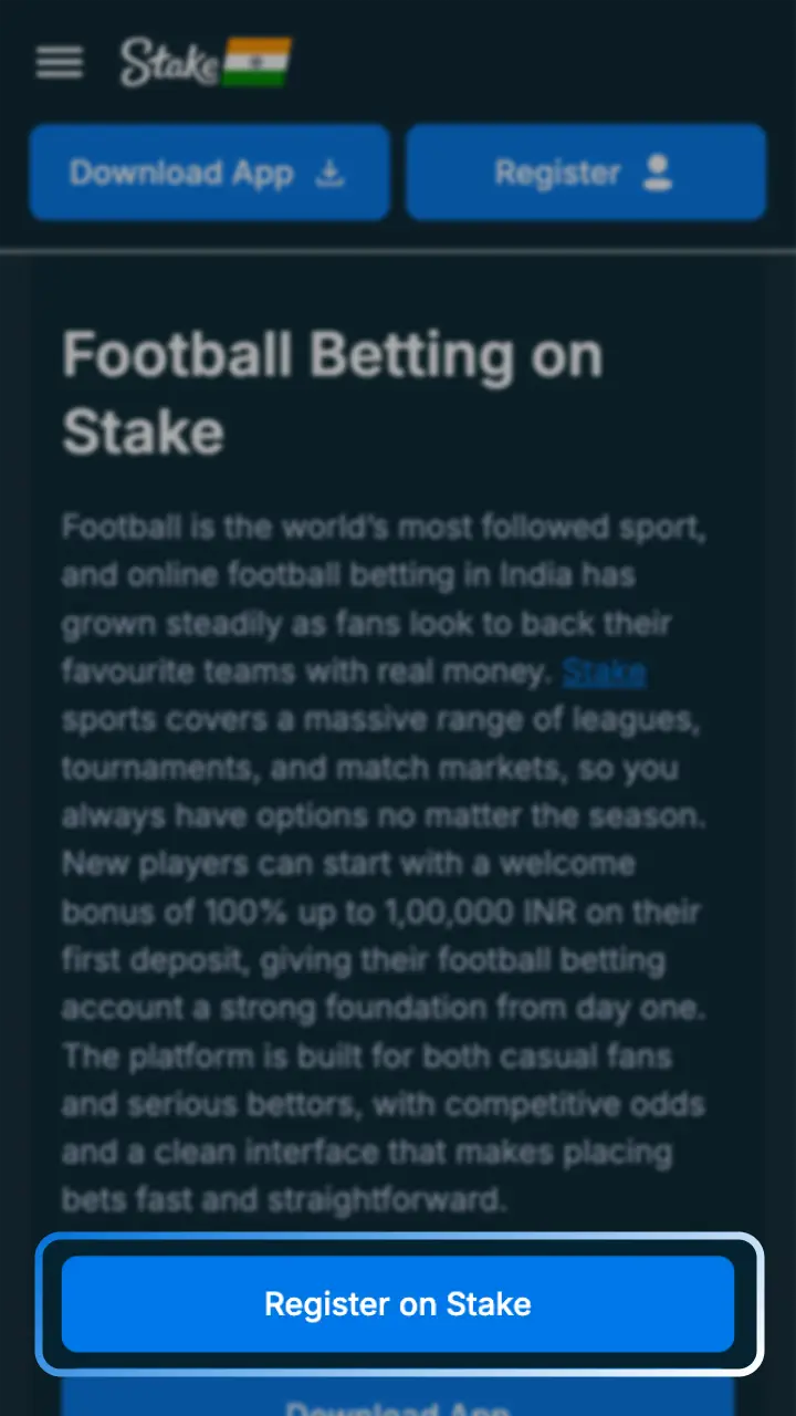Find the register button to start your Stake football adventure.