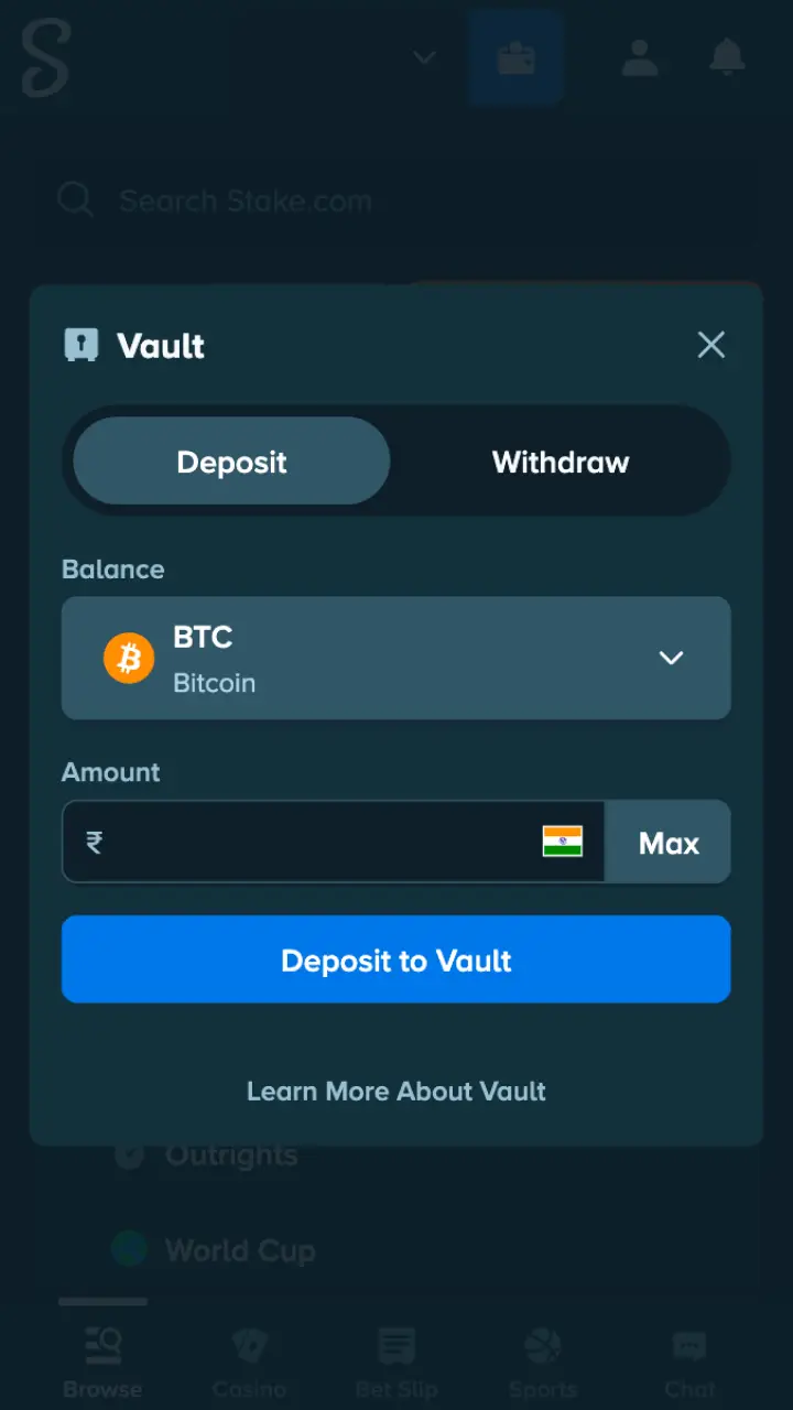 Make your first deposit to fund your football betting at Stake.
