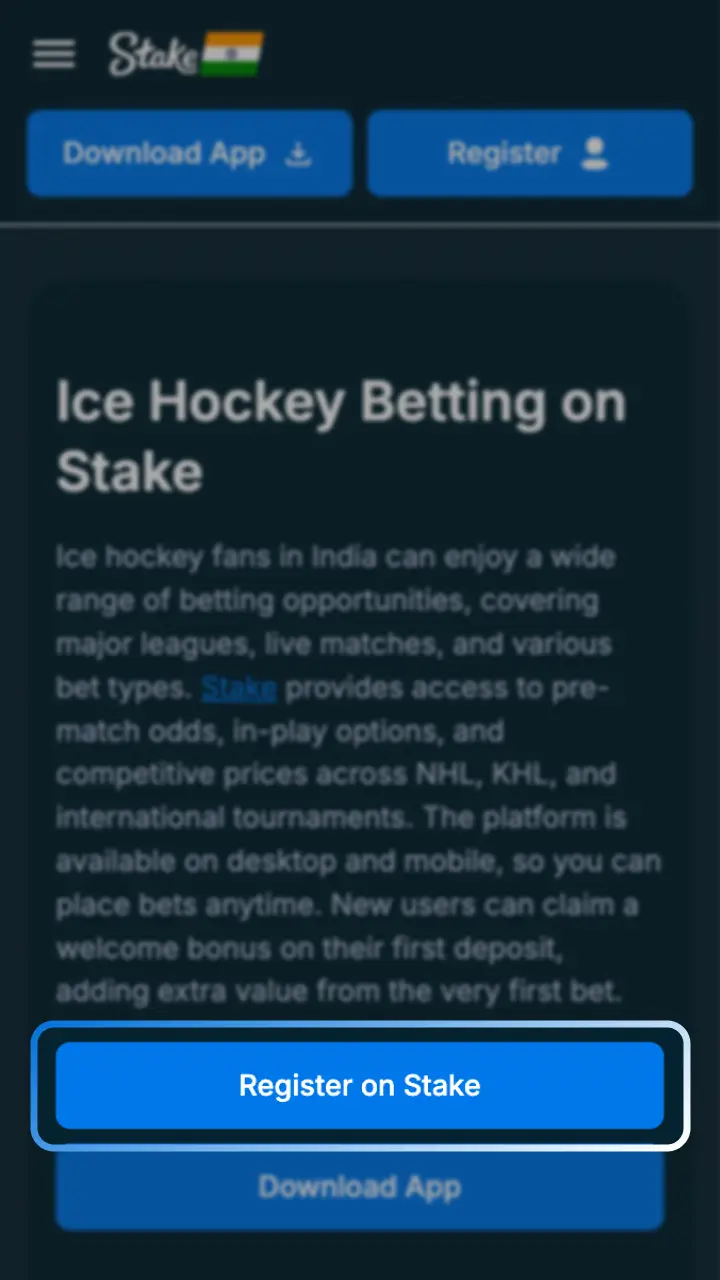 Find the register button to start your ice hockey journey at Stake.