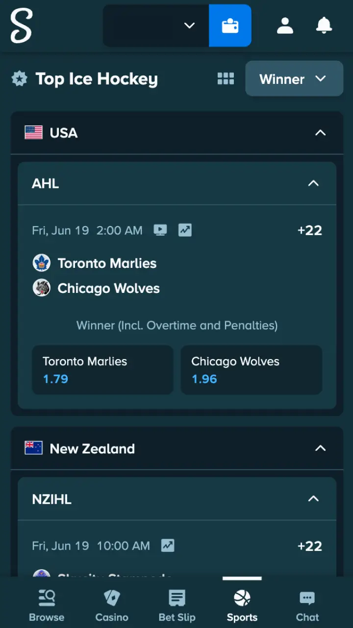 Choose a match and market to place your ice hockey bet at Stake.