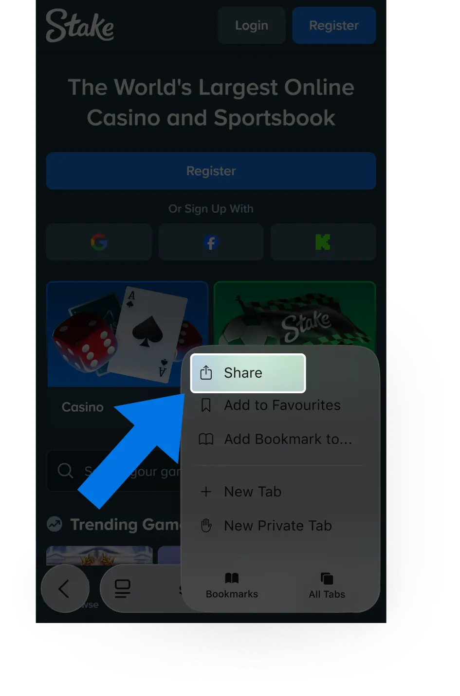Tap the share icon in your browser to open the Stake iOS setup options.