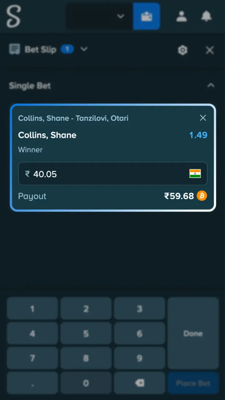 Enter your stake amount and manage your MMA bankroll carefully.