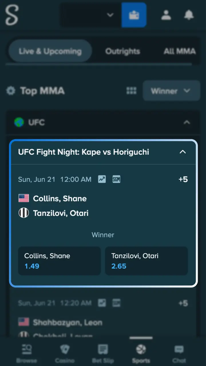 Choose a fight and market to place your MMA bet at Stake.